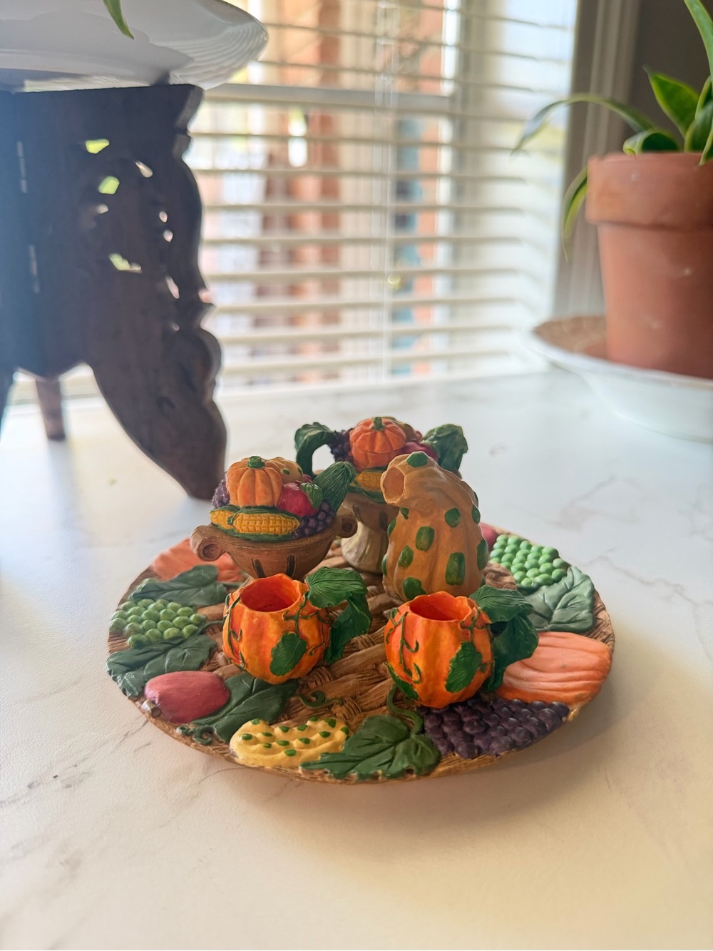 Autumn Pumpkin Ceramic Mini Centerpiece in Orange and Green